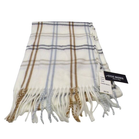 Steve Madden Mid Weight Plaid  Muffler Scarf, 11”x 70”, Ivory-Made in Italy - Picture 1 of 8